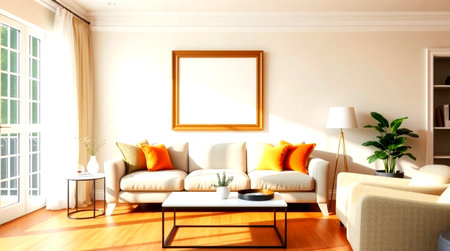 Interior of living room with sofa, coffee table and picture frame