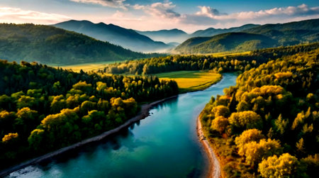 Aerial view of beautiful mountain landscape with river and forest at sunset