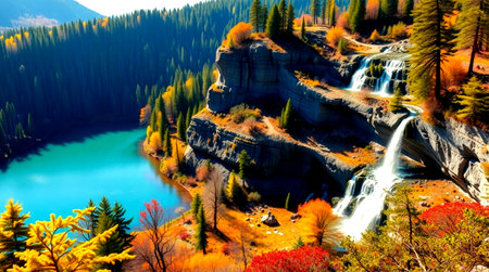 Fantastic autumn landscape with a waterfall in the mountains