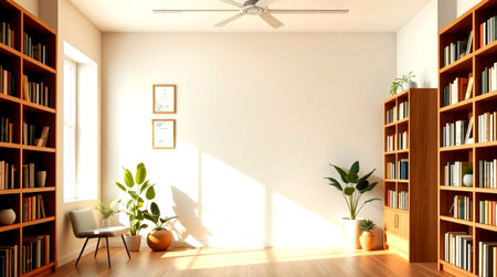 Interior of the living room with bookshelf and plants - renderingの写真素材