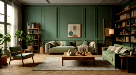 Living room with green walls, sofa and coffee table. 3d rendering