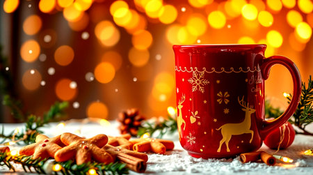 Christmas background with cup of hot drink, gingerbread cookies and Christmas lights.の写真素材