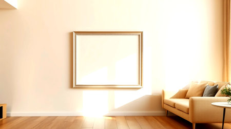 modern bright interiors apartment with mockup poster frame 3D rendering illustrationの写真素材
