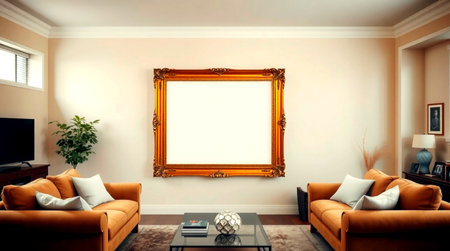 Interior of a living room with a picture frame on the wallの写真素材