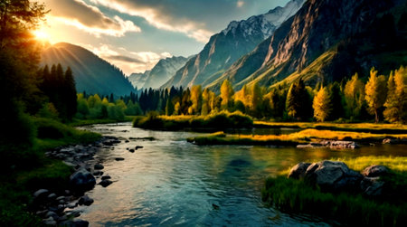 Mountain river and valley in Altai, Siberia, Russia.