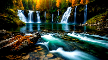 Beautiful waterfall in the autumn forest. Long exposure photo. Beauty in nature.