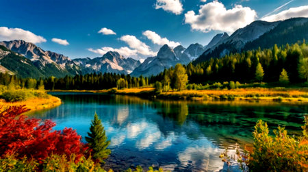 panoramic view of alpine lake with reflection of mountains in water