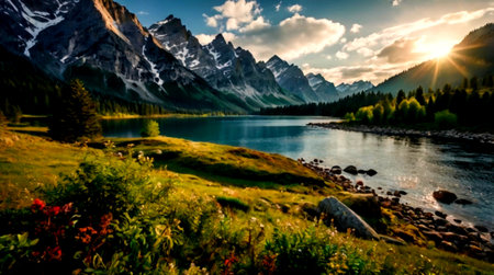 panoramic view of the lake in the mountain range