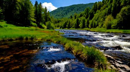 Mountain river in the Altai mountains, Russia. Panorama