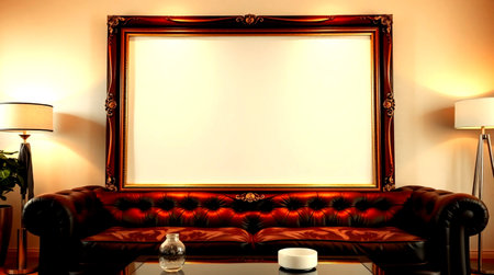 Empty picture frame on a brown leather sofa in a modern living roomの写真素材