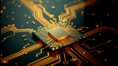 Macro closeup of electronic circuit board with processor. Technology background