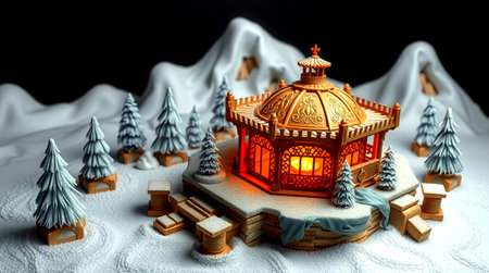 3d illustration. Festive Christmas background with traditional lantern and snowman.