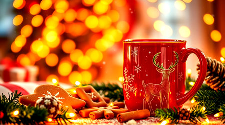 Christmas greeting card with cup of hot drink on bokeh backgroundの写真素材