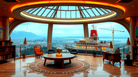 3D rendering of the interior of a cruise ship in the sea