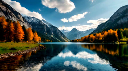 Beautiful autumn alpine lake with reflection of mountains and clouds.