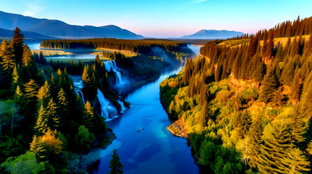 Aerial view of mountain lake and forest at sunset. Nature composition.