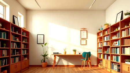 3d render of a room interior with bookshelf and a chair