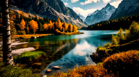 Beautiful autumn alpine lake. Reflection of mountains in water.の写真素材