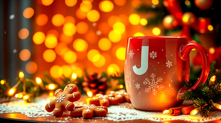 Cup of hot drink with gingerbread and Christmas tree on backgroundの写真素材