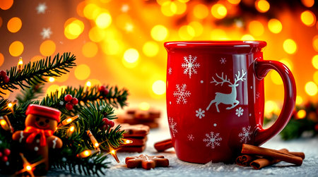 Christmas greeting card with cup of hot drink and christmas decoration on bokeh backgroundの写真素材