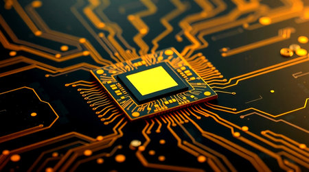 Circuit board close-up. Electronic computer hardware technology. Integrated communication processor....