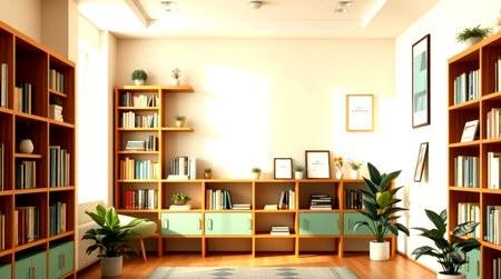 3d rendering of a bookshelf in a room with plantsの写真素材
