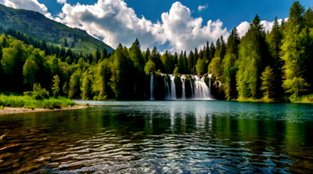 Panoramic view of beautiful waterfall in the mountains. Beautiful nature.