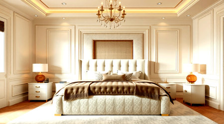 3d rendering luxury bedroom suite in classic style with wood paneling