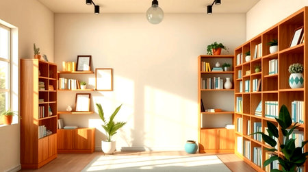 3D rendering of a room with bookshelves and plants