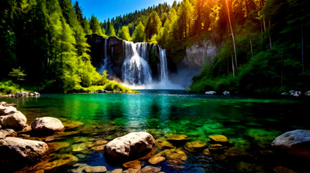 Beautiful view of the waterfall in the mountains. Summer landscape.