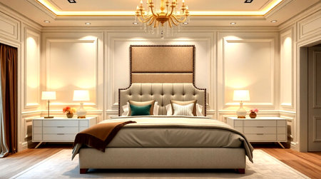 3D rendering luxury bedroom suite in classic style with gold wood panelingの写真素材