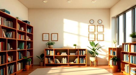 Interior of modern living room with bookshelf and bookshelf