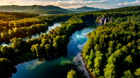 Aerial view of the beautiful landscape of the Plitvice Lakes National Parkの写真素材