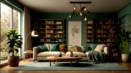Interior of a living room with a green sofa, a coffee table and a bookcase. 3d render
