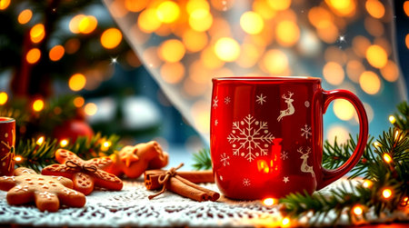 Christmas greeting card with red cup and gingerbread cookies on bokeh background