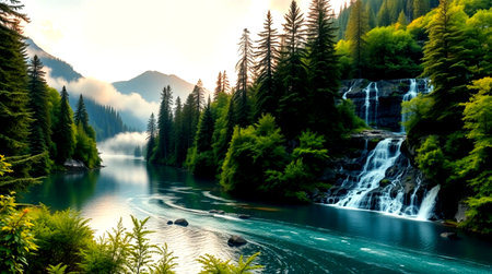 Waterfall in the mountains. Waterfall in the mountains. The concept of active and ecological tourism