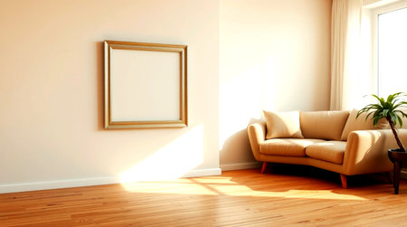 Interior of modern living room with empty picture frame. 3D renderingの写真素材