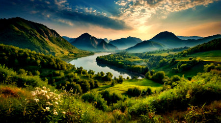 beautiful summer landscape with river and mountains in the background at sunset