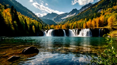 Autumn alpine landscape with waterfall and mountain lake. Swiss Alps.