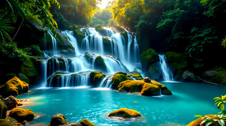 Beautiful waterfall in deep forest at Huay Mae Kamin waterfall National Park, Kanchanaburi, Thailandの写真素材