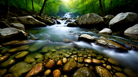 Waterfall in the green forest. Beautiful nature landscape with long exposure.の写真素材