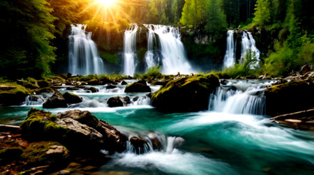 Beautiful waterfall in the mountains at sunset. Long exposure photo.
