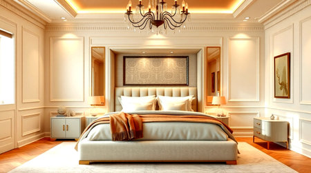 3d rendering luxury bedroom suite in classic style with gold wood panelingの写真素材