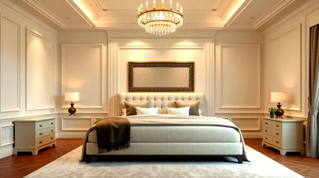 3d rendering luxury classic bedroom suite in hotel with gold wood paneling