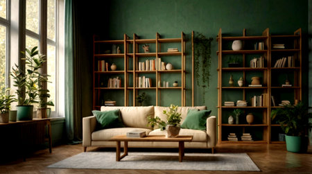 Interior of modern living room with bookcase, coffee table and sofa