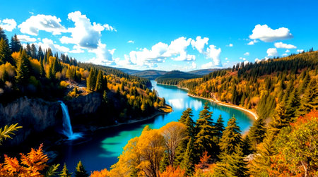 Beautiful autumn landscape with mountain river and blue sky with clouds.の写真素材