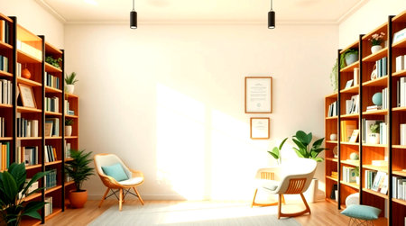 Interior design of modern living room with bookshelf and chair - renderingの写真素材