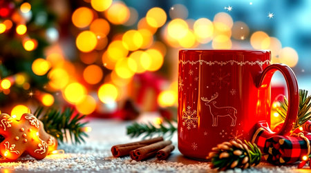 Mug of hot drink with Christmas decoration on bokeh backgroundの写真素材