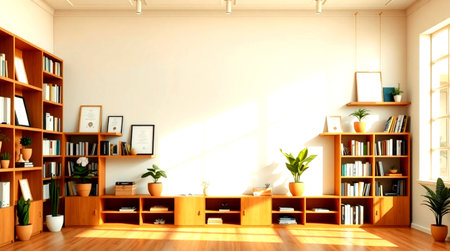 Interior of modern living room with bookshelf and plants - renderingの写真素材
