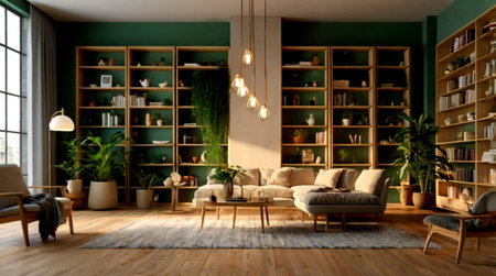 Interior of a modern living room with green walls, wooden floor, comfortable sofa and bookcase. 3d renderingの写真素材